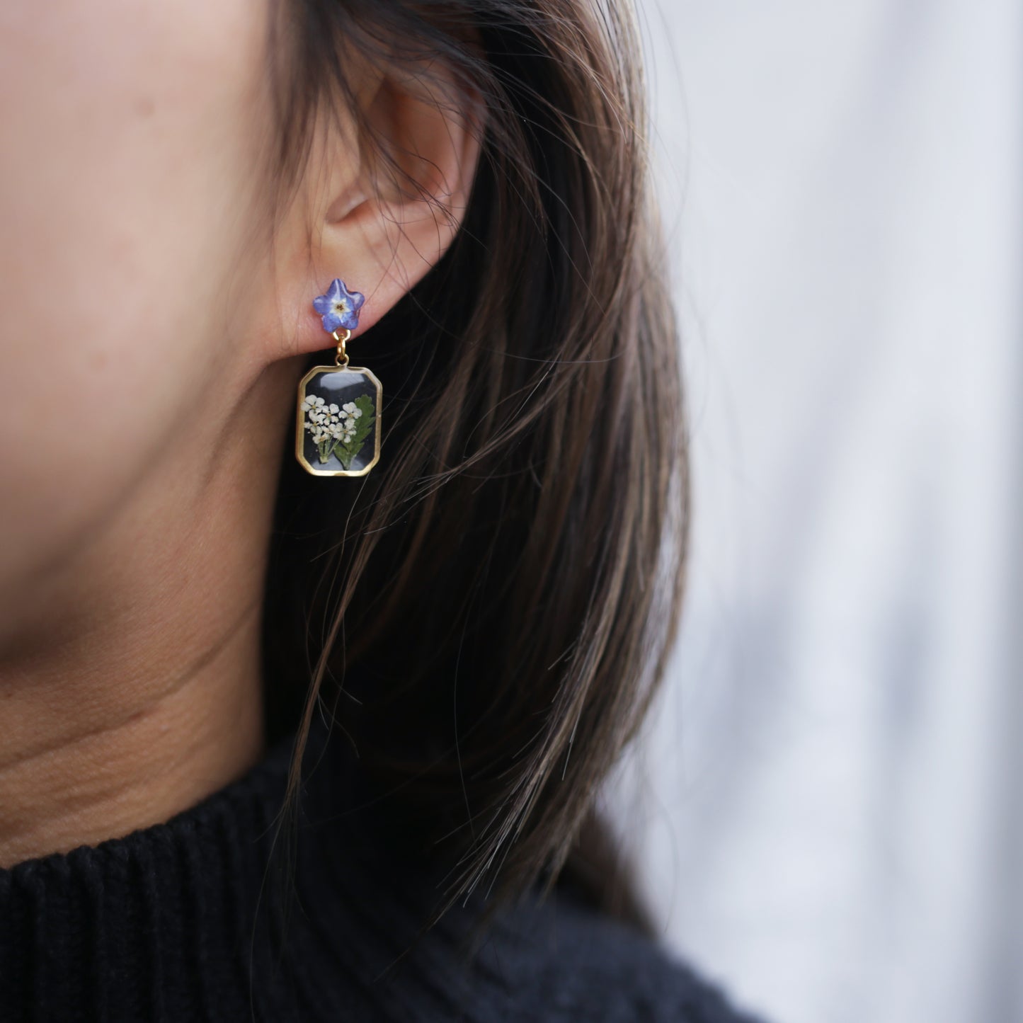 Forget Me Not, Queen Anne's Lace and Fern Dangle Stud Earrings