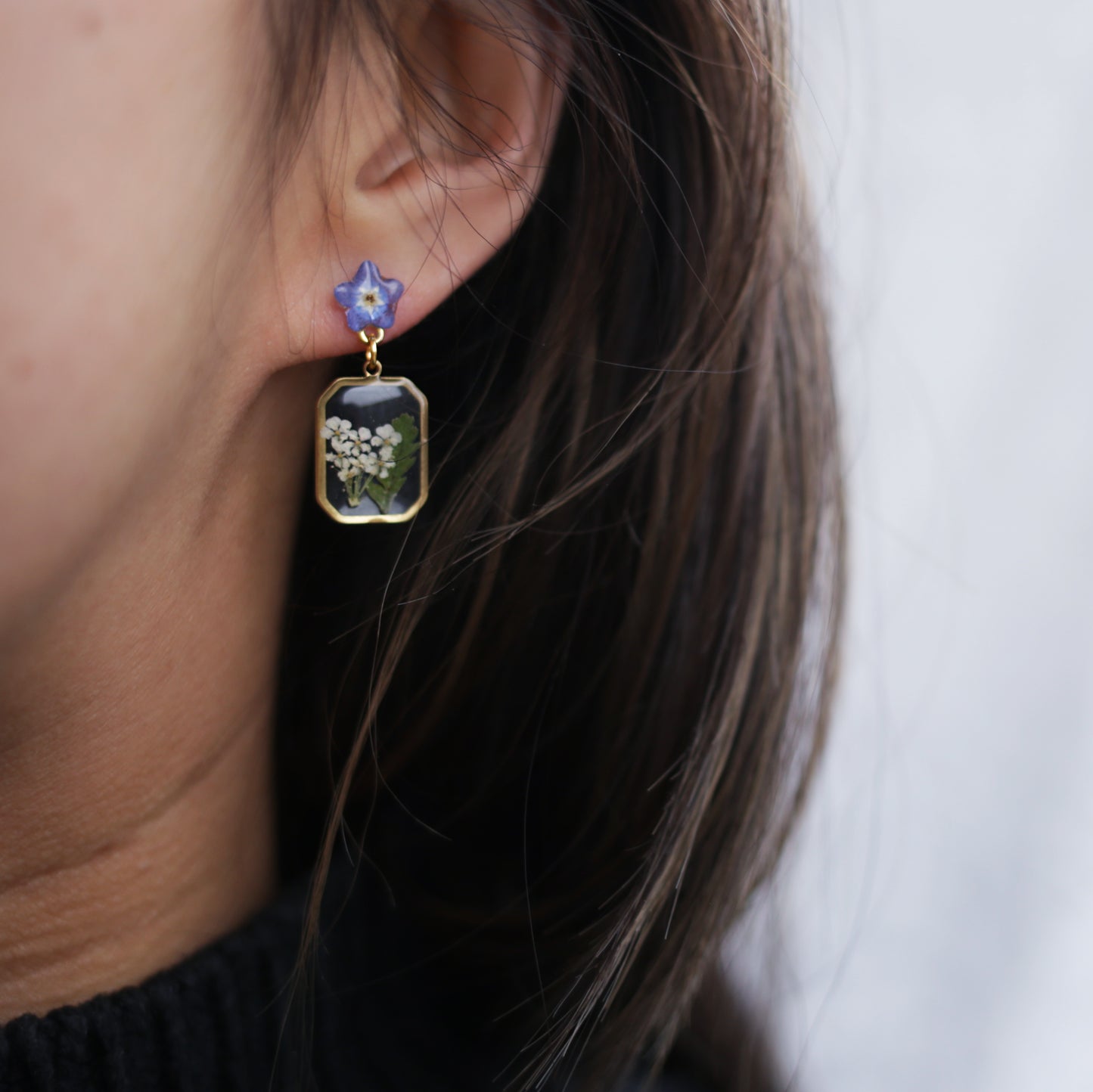 Forget Me Not, Queen Anne's Lace and Fern Dangle Stud Earrings