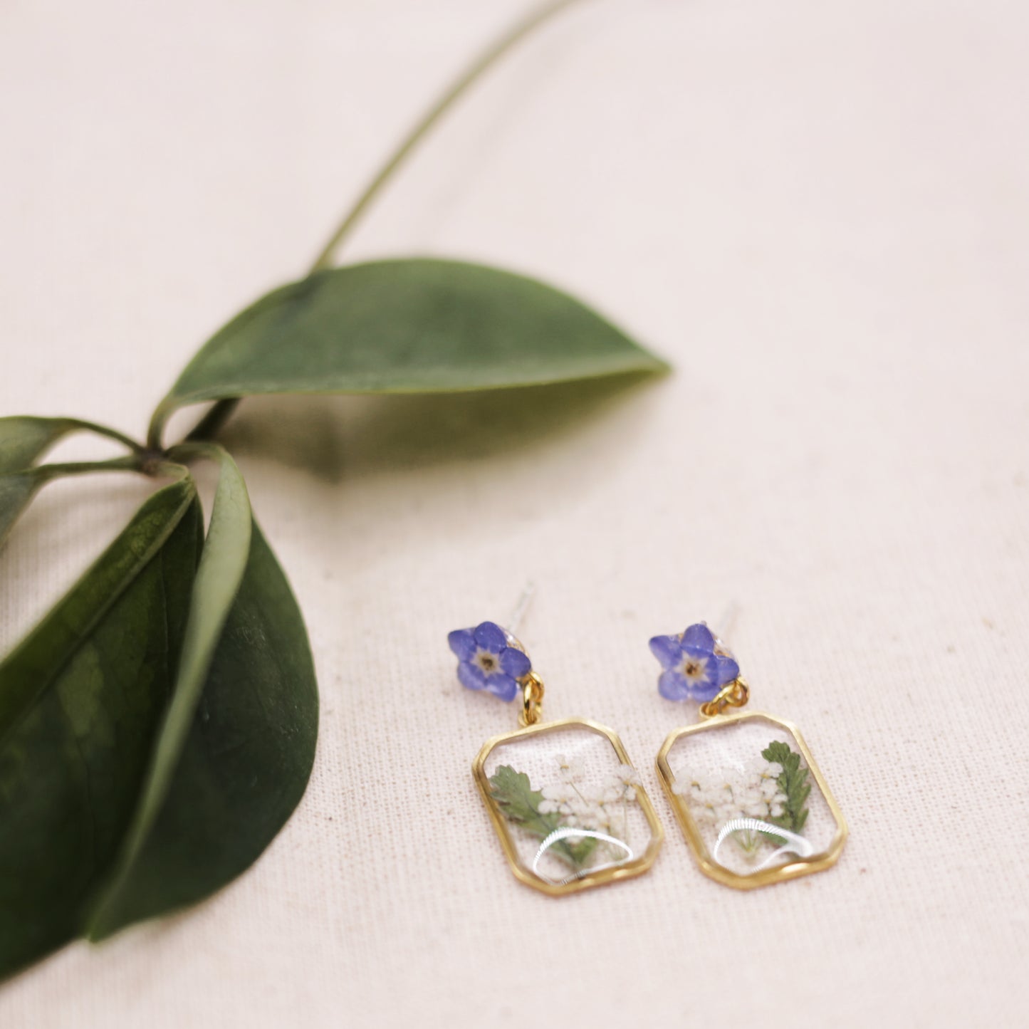 Forget Me Not, Queen Anne's Lace and Fern Dangle Stud Earrings