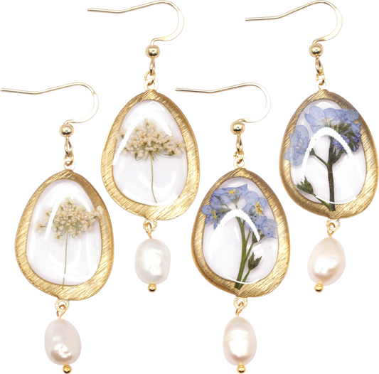 Forget Me Not or Queen Anne's Lace & Freshwater Pearl Earrings