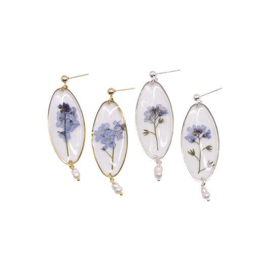 Forget Me Not & Freshwater Pearls Oval Dangle Studs