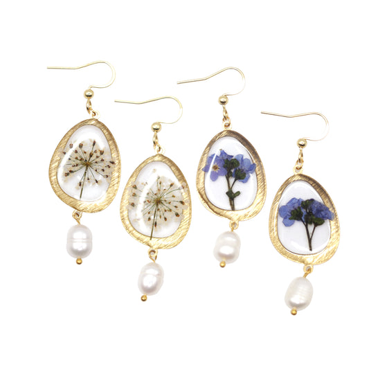 Forget Me Not or Queen Anne's Lace & Freshwater Pearl Earrings