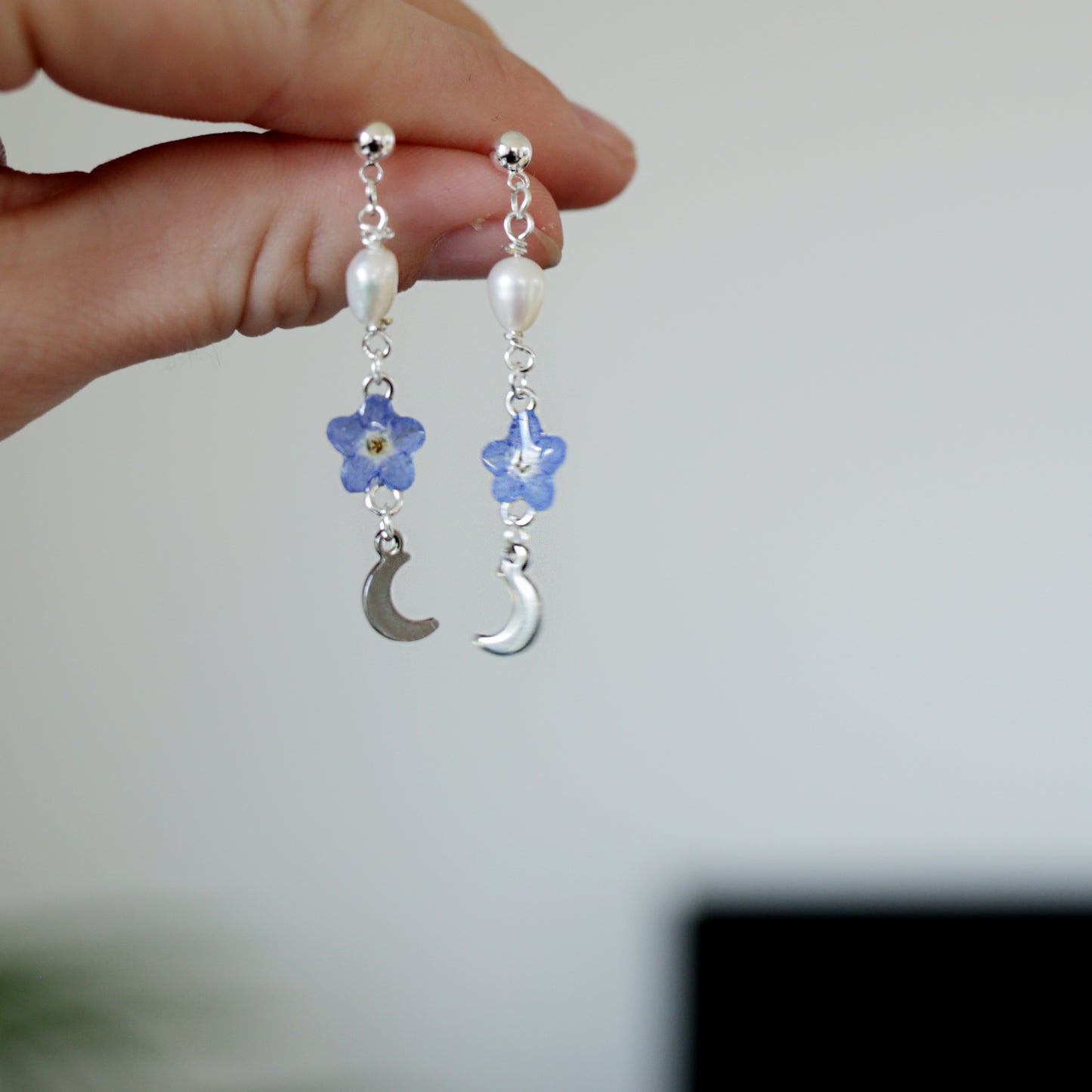 Forget Me Not, Freshwater Pearl & Moon Earrings